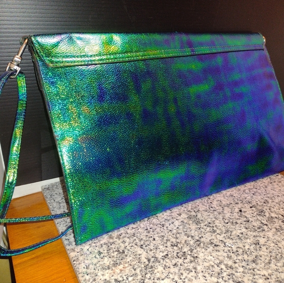 H&M Iridescent Blue Green Clutch/Messenger Handbag Purse with Strap - Picture 5 of 10